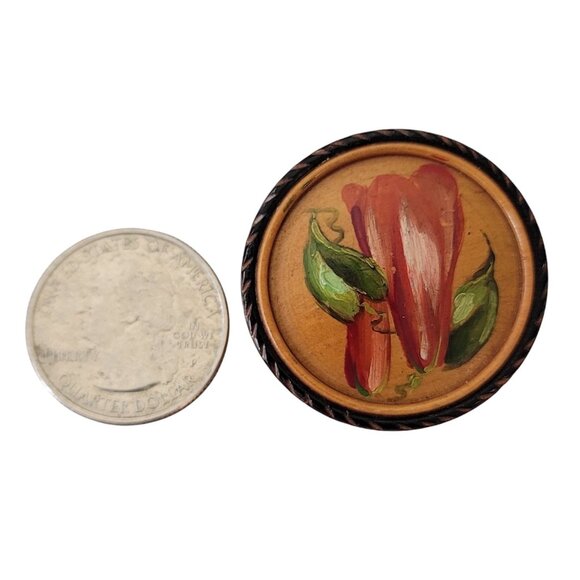 Vintage Carved Wood Painted Flower Round Pin Brooch E827 - Picture 5 of 7